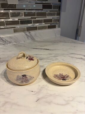 Vintage Pottery butter dish lidded jar with plate 3 piece set